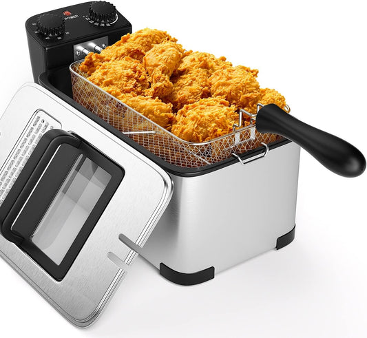 Simoe Deep Fryer with Basket & Timer Temperature Knobs 3.2 Litter Stainless Steel