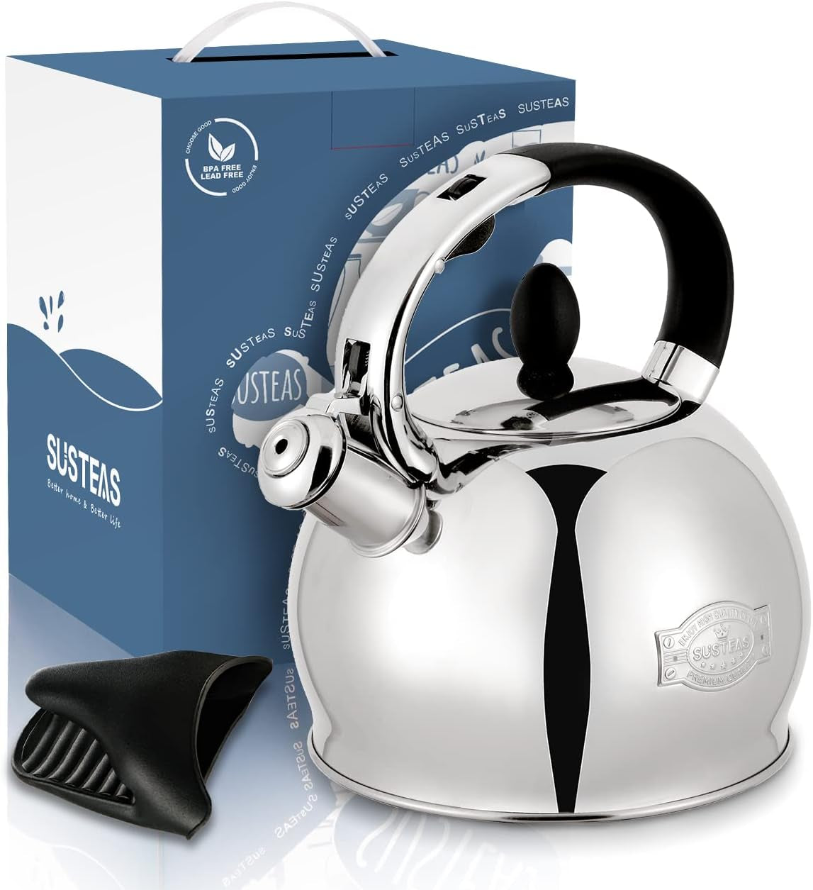 SUSTEAS Stove Top Whistling Tea Kettle - Food Grade Stainless Steel Teakettle Teapot with Cool Touch Ergonomic Handle, with 1 Silicone Pinch Mitt Included,2.64 Quart(Silver)