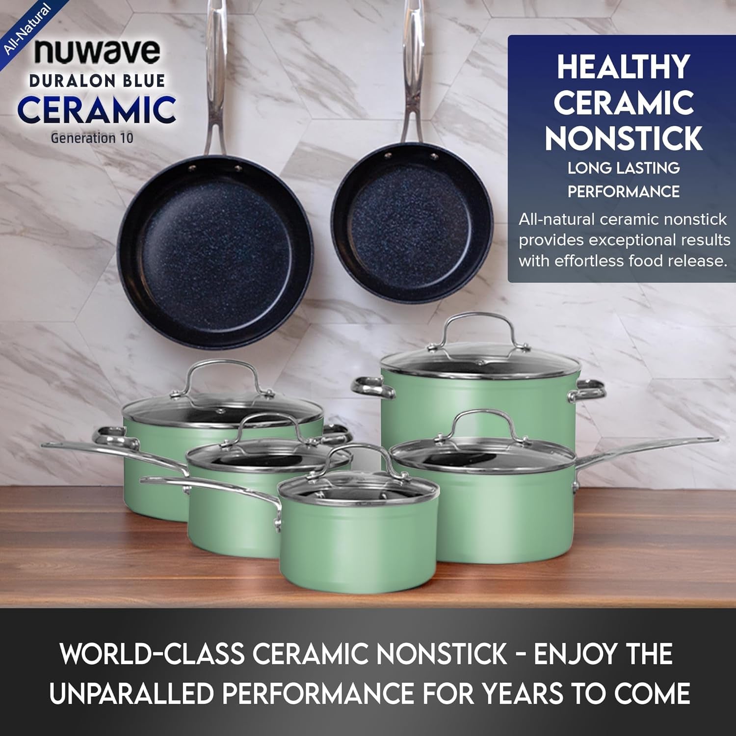 Nuwave Healthy Duralon Blue Ceramic Nonstick Cookware Set, Diamond Infused Scratch-Resistant, PFAS Free, Dishwasher & Oven Safe, Induction Ready & Evenly Heats, Tempered Glass Lids & Stay-Cool Handles