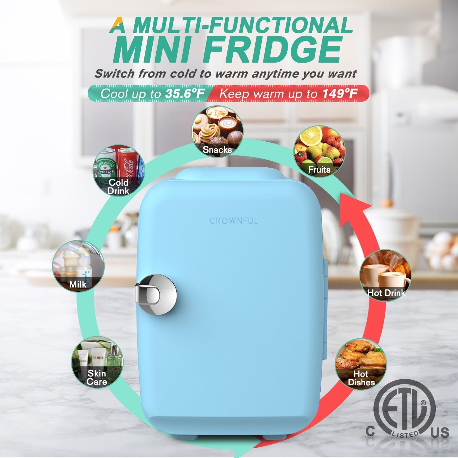 CROWNFUL Mini Fridge 4 Liter 6 Can Portable Cooler and Warmer Fridge for Skin Care & Cosmetics (Blue)