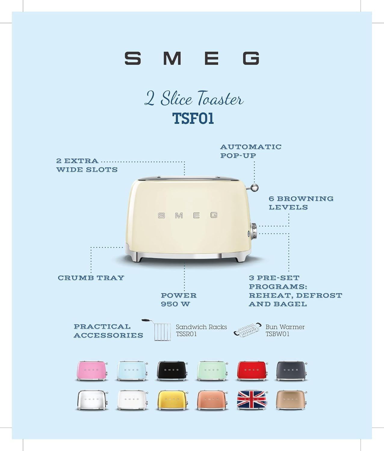 SMEG 2 Slice Toaster with 6 Presets and Defrost Function and Removable Crumb Tray TSF01RGUS, Rose Gold