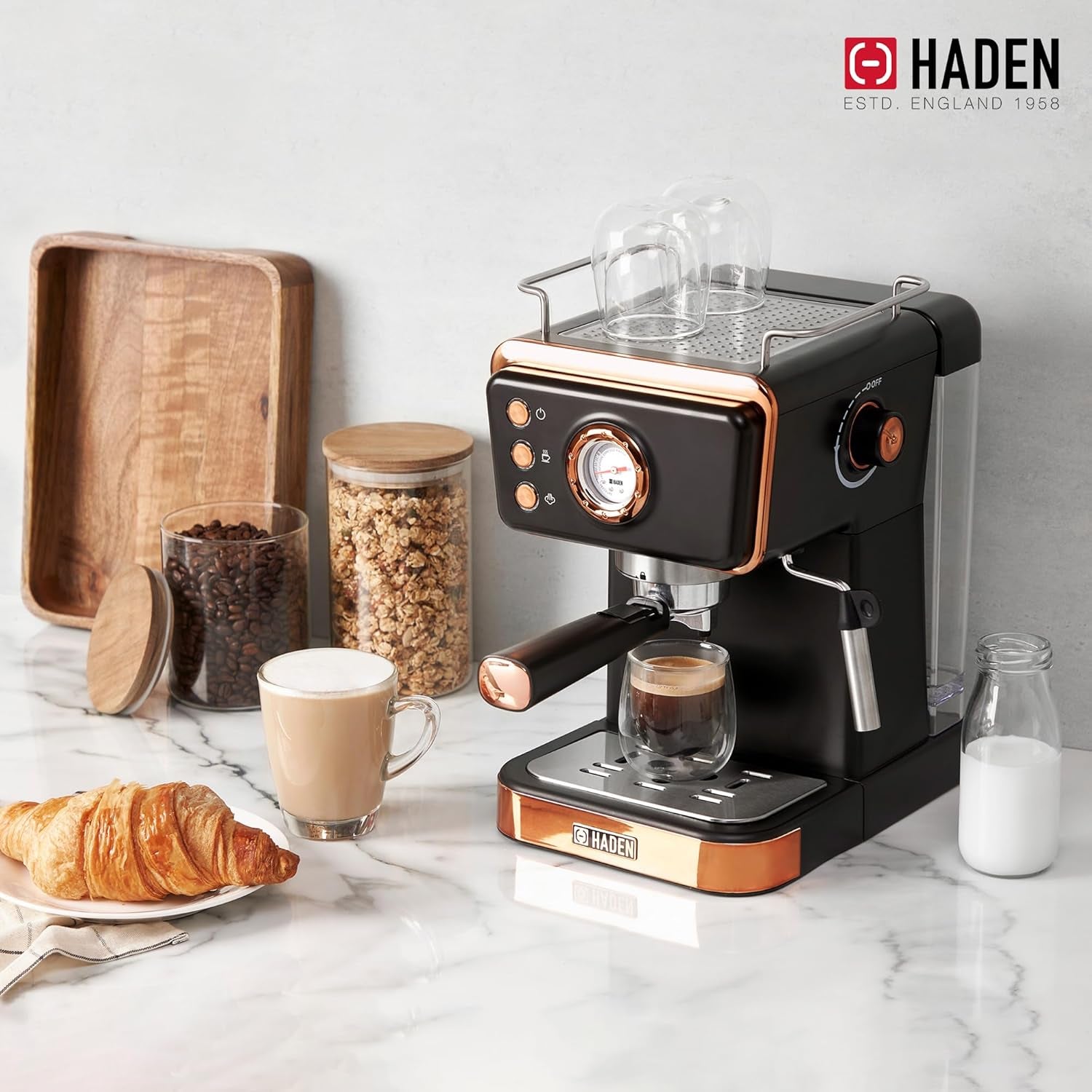 HADEN Barista Brew Espresso Coffee Machine Stainless Steel with Milk Frother and Steamer Function and 1.5L Water Tank Black & Copper