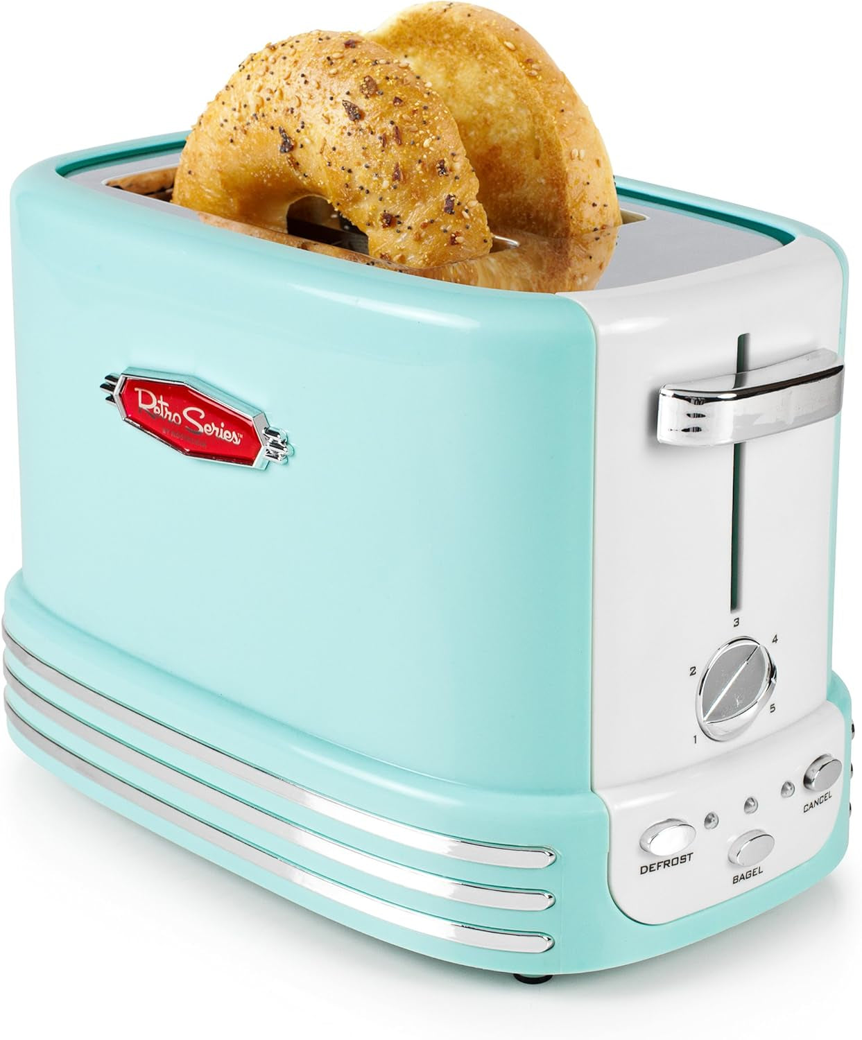 Nostalgia New and Improved Retro Wide 2-Slice Toaster Perfect for Bread, English Muffins, Bagels, 5 Browning Levels, with Crumb Tray & Cord Storage – Aqua, Turquoise