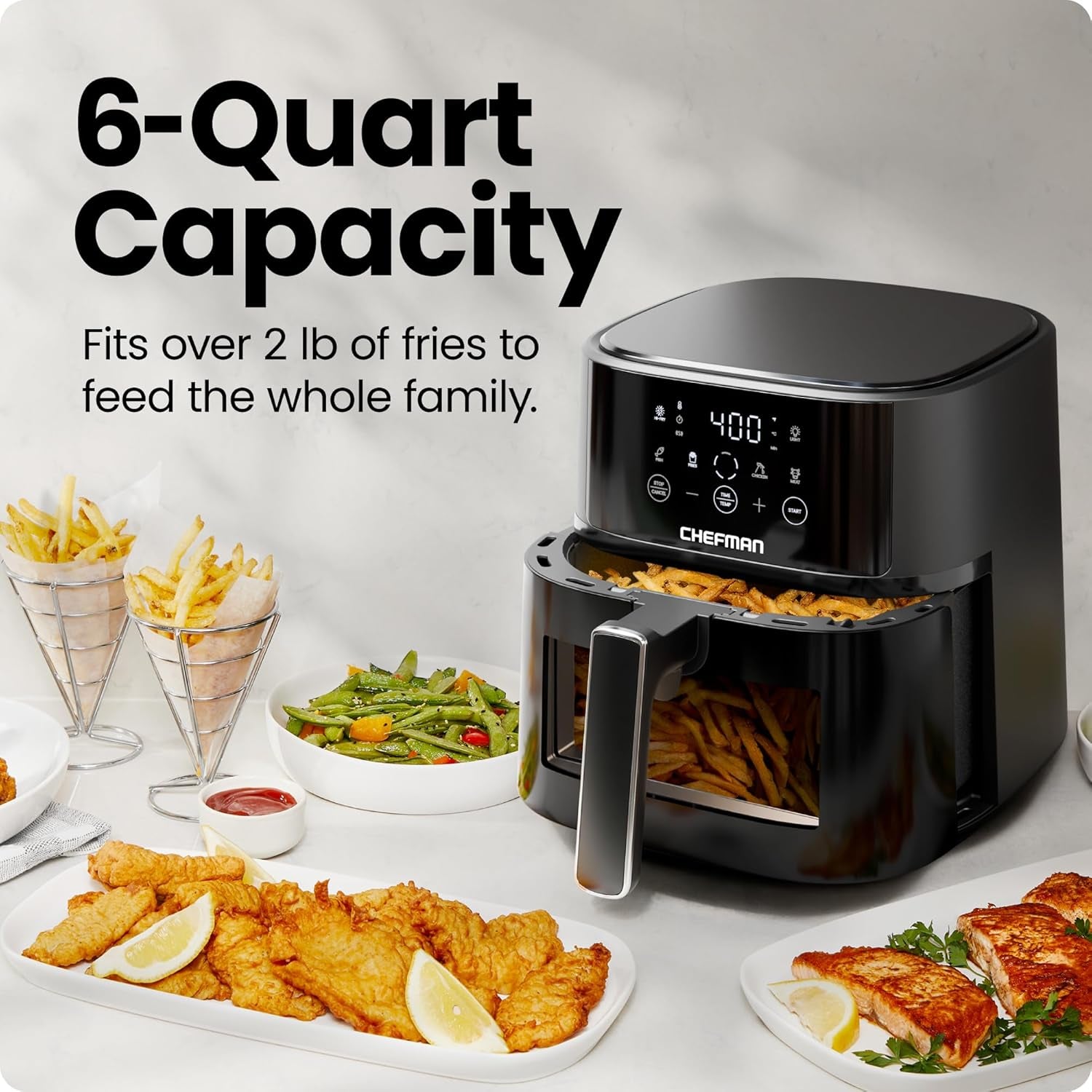 Chefman Air Fryer – 6 QT Compact Airfryer for Quick & Easy Meals, Features Hi-Fry Technology for Extra Crisp, Easy-View Window, Touch Controls with 4 Presets, Nonstick & Dishwasher Safe Basket - Black