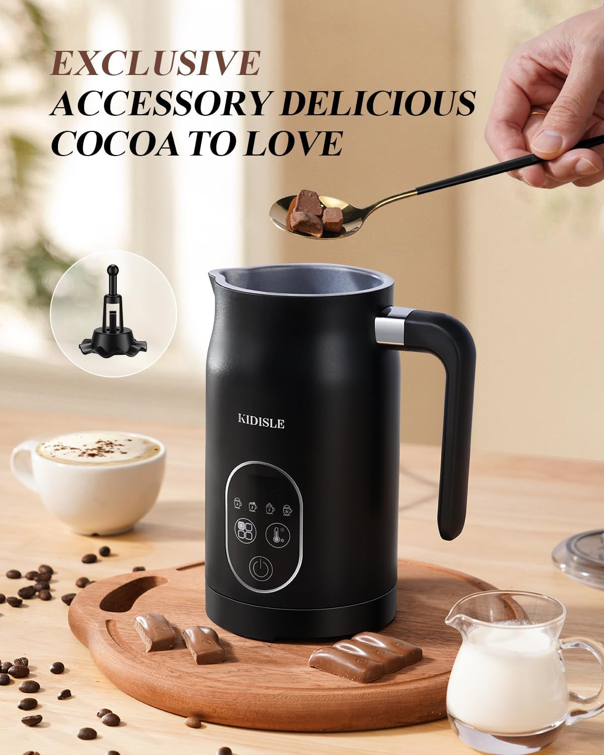 Electric Milk Frother, 4 in 1 Milk Frother and Steamer with Temperature Control, Automatic Warm and Cold Foam Maker for Coffee, Latte, Hot Chocolate, Cappuccinos, Macchiato, Black