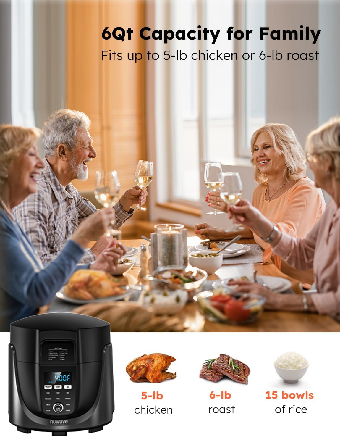 Nuwave Duet Air Fryer and Electric Pressure Cooker Combo with 2 Switchable Lids, 300 Foolproof One-Touch Presets, Crisp&Tender Tech, 6QT Heavy-Duty Stainless Steel Pot, 15+ Safety Features