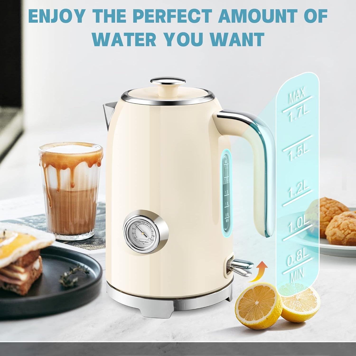 SUSTEAS Electric Kettle Stainless Steel 1.7L With Temperature Control & LED Indicator Beige