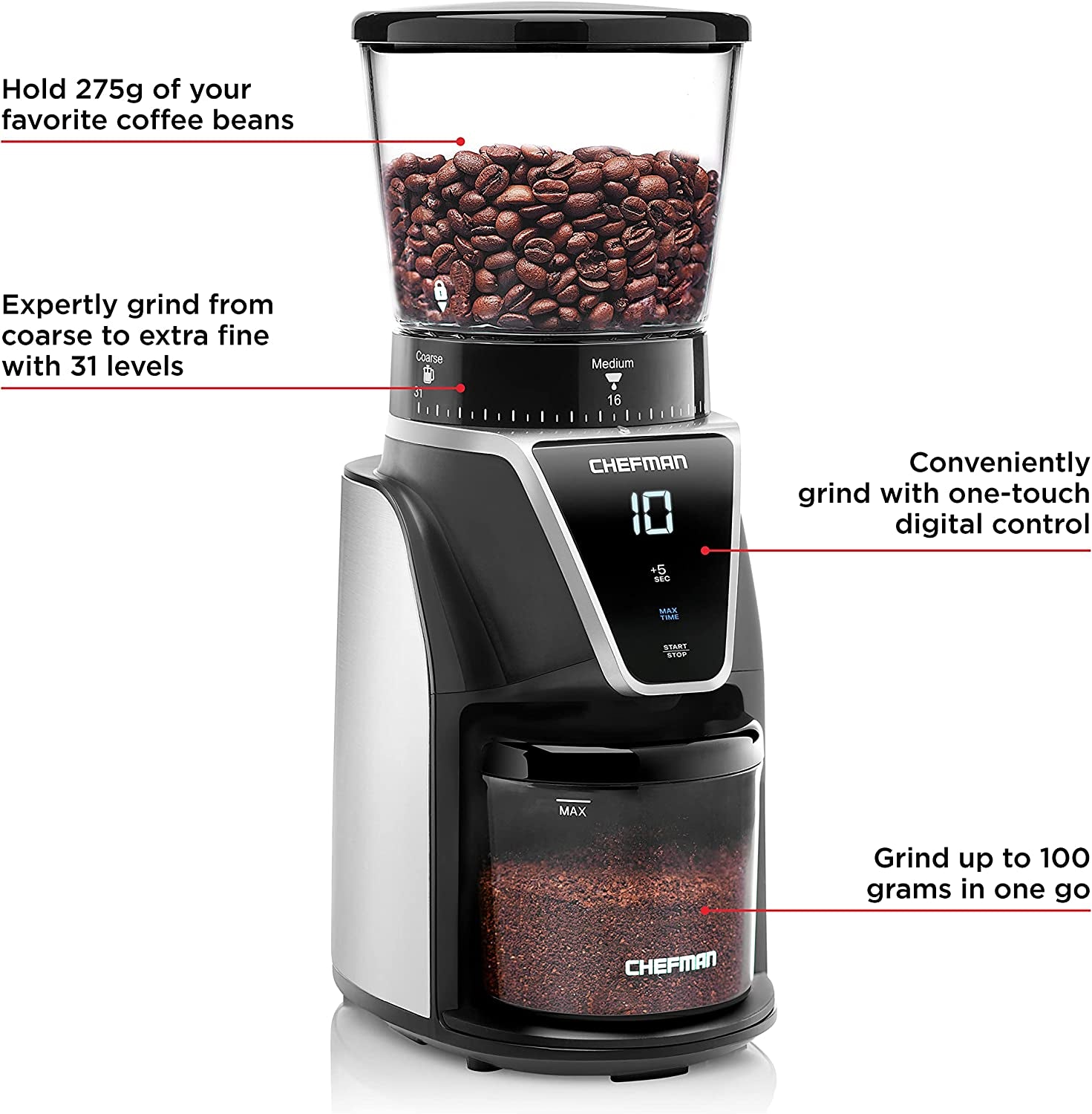 Chefman Conical Burr Coffee Grinder, Create the Boldest & Most Flavorful Grind with 31 Settings from Coarse to Extra Fine, One-Touch Digital Control & 9.7-Oz Bean Capacity, Black