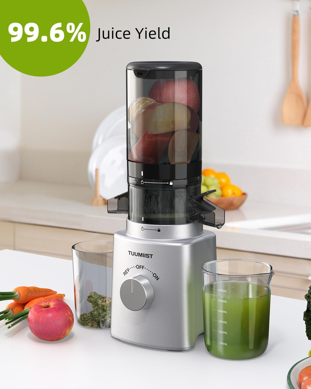 Juicer Machines, TUUMIIST Cold Press Juicer with 4.25'' Large Feed Chute Fit Whole Vegetable and Fruit, Masticating Juicer Easy to Clean, BPA Free (Silvery)