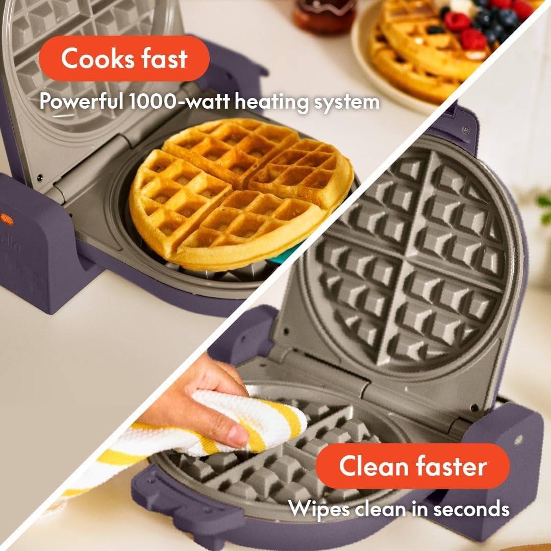 Bella Flip-N-Store Waffle Maker with Evergood Ceramic Nonstick Coating, Fits-Anywhere Kitchenware, Power Indicator Light, Cool Touch Handle & Cord Wrap, 7” Wide & 1" Deep Plates, 1000 Watt, Plum