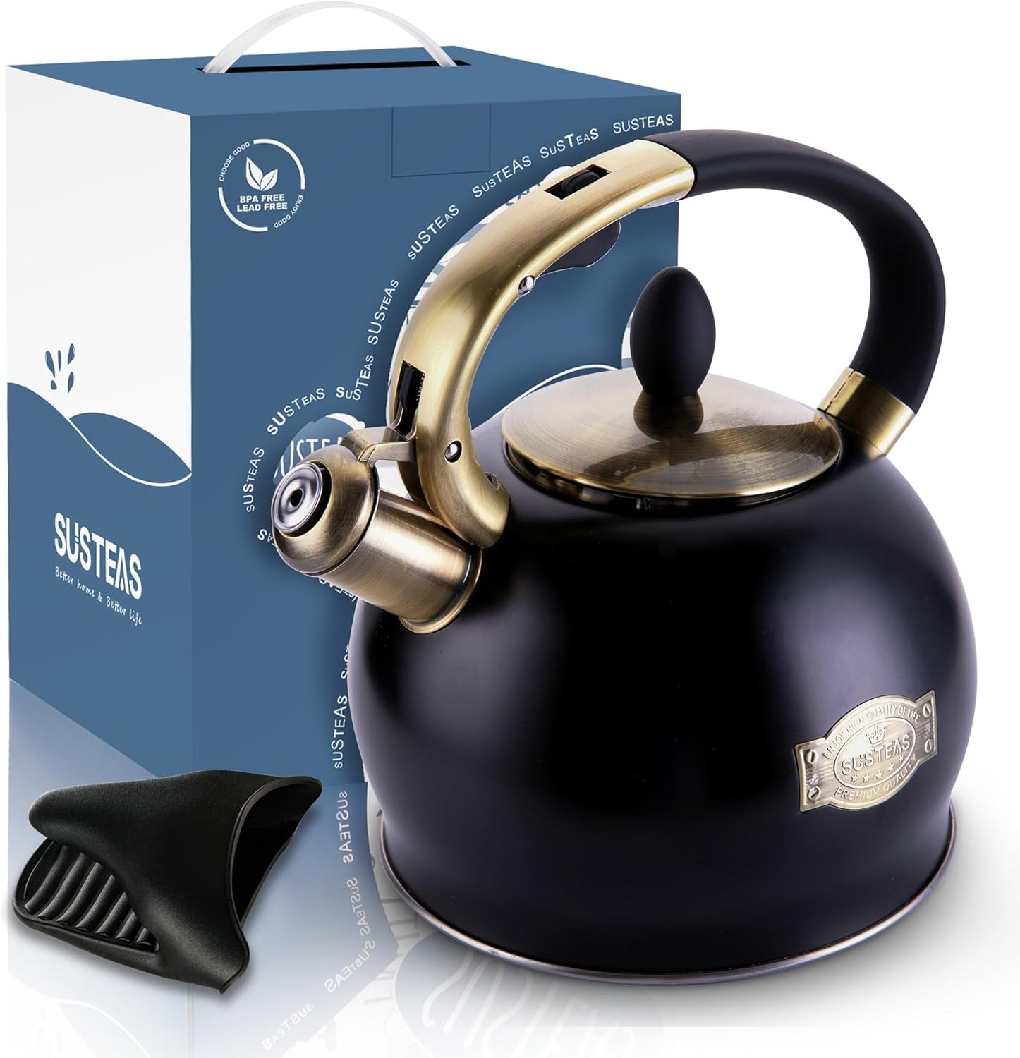 SUSTEAS Stove Top Whistling Tea Kettle - Food Grade Stainless Steel Teakettle Teapot with Cool Touch Ergonomic Handle, with 1 Silicone Pinch Mitt Included, 2.64 Quart(Black)