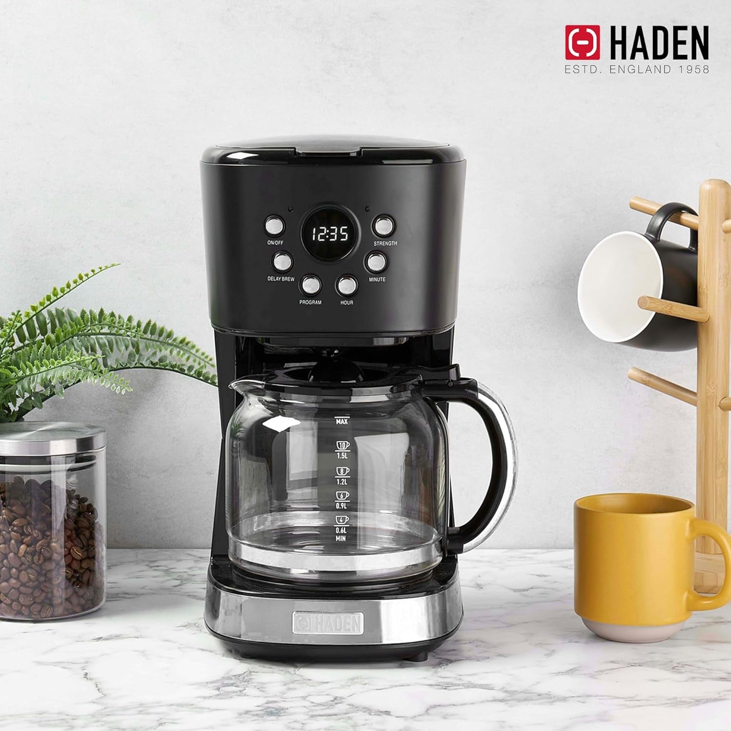 Haden Coffee Machine, 12 Cup Programmable Drip Coffee Maker with Auto Shut-Off Function and Reusable Washable Water Filter, Black & Chrome