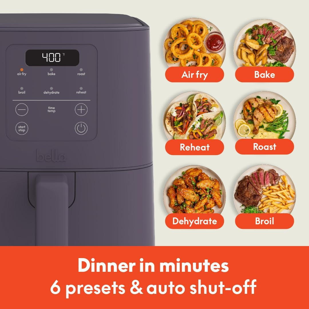 Bella 4Qt Slim Air Fryer, Fits-Anywhere™ Kitchenware, Evergood™ Ceramic Nonstick Coating, Adjustable Temperature, 6 Preset Cooking Options, 60 Min Auto Shutoff W Audible Tone, 3.3Lb Capacity, Plum