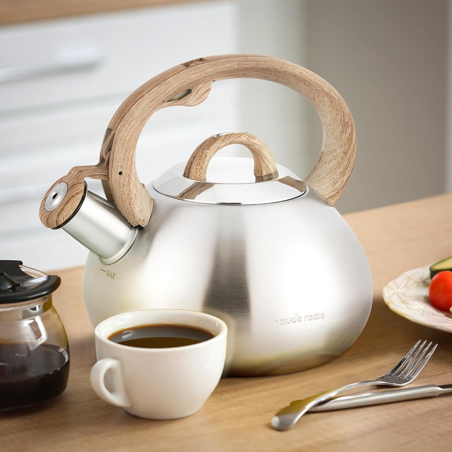 Tea Kettle Stovetop,2.0Qt Loud Whistling Kettle for Boiling Water Coffee or Milk, Food Grade Stainless Steel Tea Kettle with Wood Pattern Handle and Anti-Rust,Suitable for All Heat Sources