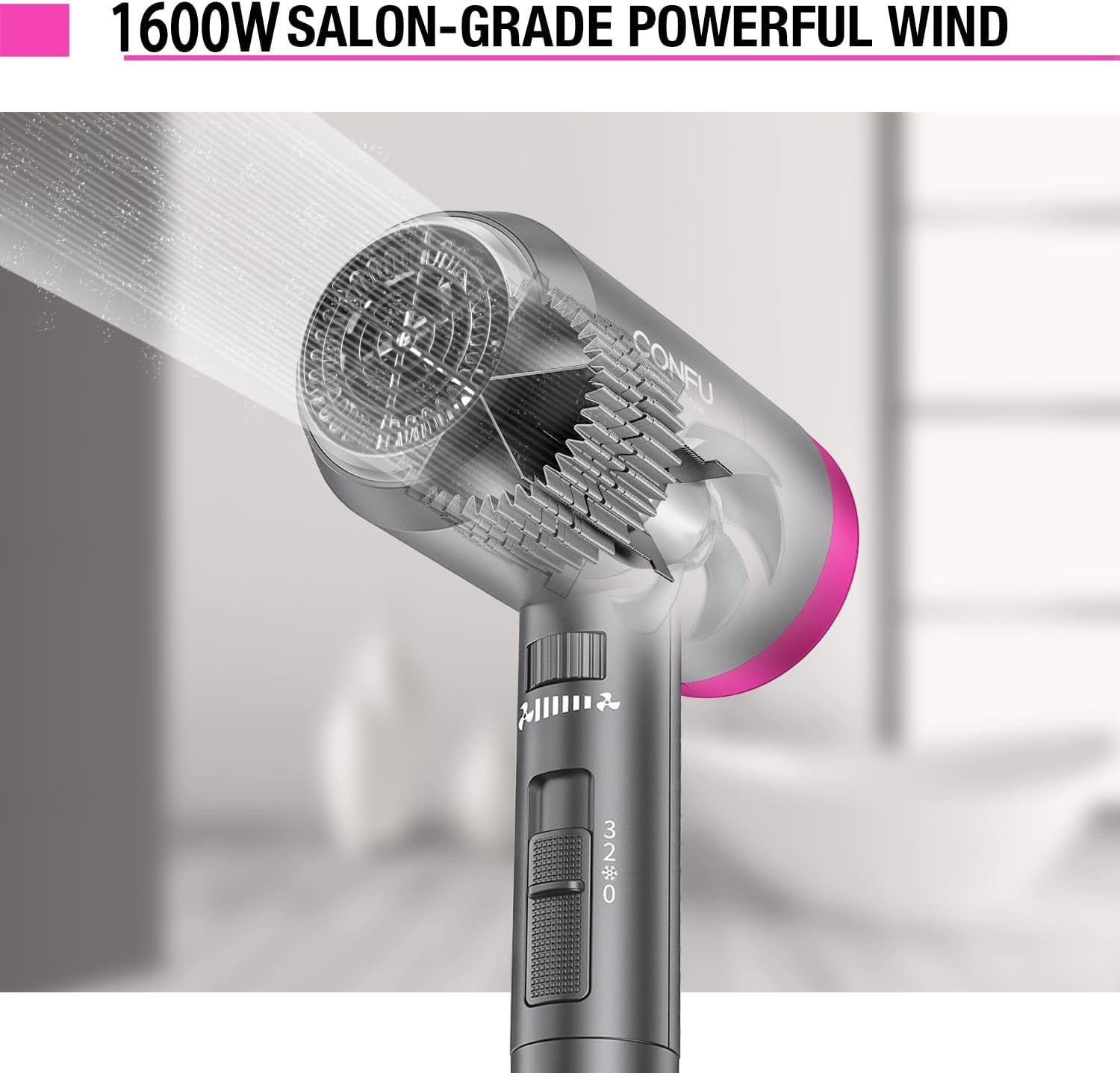 CONFU Ionic Blow Dryer 1600W, Portable Lightweight Fast Drying Negative Ion Hairdryer Blowdryer, 3 Heat Settings & Infinity Speed, with Diffuser and Concentrator Nozzle for Home & Travel