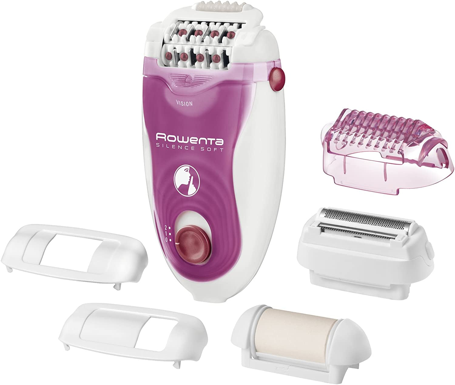 Rowenta EP5660 Silence Soft Epilatore, Epilazione Silenziosa per Gambe Con La Tecnologia Micro-Contact, 7 Accessori, 4, 8 W, 220 - 240 V, Viola/Bianco