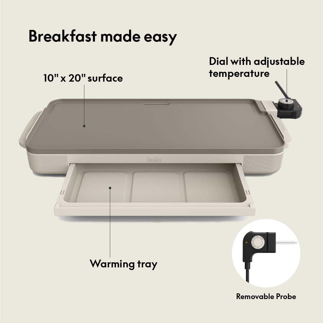 Bella 10" X 20" Electric Griddle with Warming Tray, Evergood™ Ceramic Nonstick Coating & Removable Temperature Probe, Dishwasher-Safe Drip Tray & Cool Touch Handles, 1500 Watt, Oatmilk