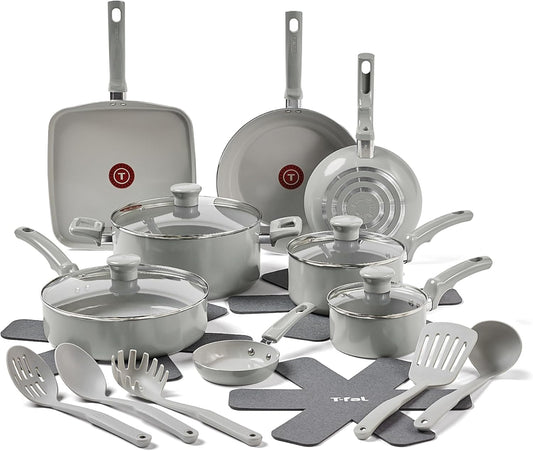 T-Fal Refresh Ceramic, Ceramic Non Stick Cookware Set 20 Piece, Oven Broiler Safe 350F, Kitchen Set W/Egg Pan, Fry Pans, Saucepans, Griddle, Sautepan, Dutch Oven & Utensils, Pots, Pans, Moon Gray