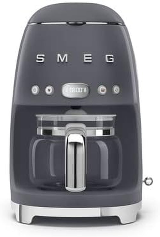 Smeg 50'S Retro Style Aesthetic Drip Coffee Machine with 10 Cup Glass Carafe, Auto Start Feature, Keep Warm Plate, and Two Coffee Strength Settings (Grey)