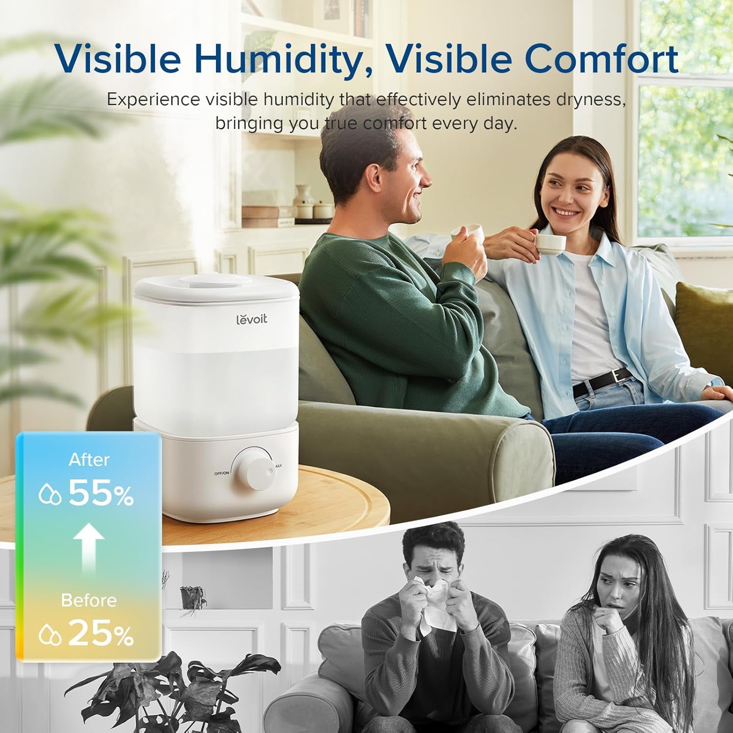 LEVOIT Top Fill Humidifiers for Bedroom, 2.5L Tank for Large Room, Easy to Fill & Clean, 28Db Quiet Cool Mist Air Humidifier for Home Baby Nursery & Plants, Auto Shut-Off and Bpa-Free for Safety, 25H