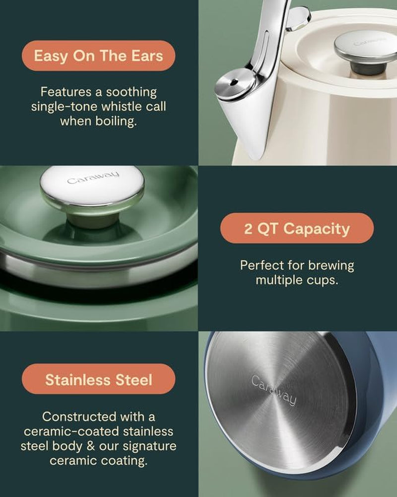 Caraway 2 Quart Whistling Tea Kettle - Durable Stainless Steel Tea Pot - Fast Boiling, Stovetop Agnostic - Non-Toxic, PTFE & PFOA Free - Includes Pot Holder - Cream