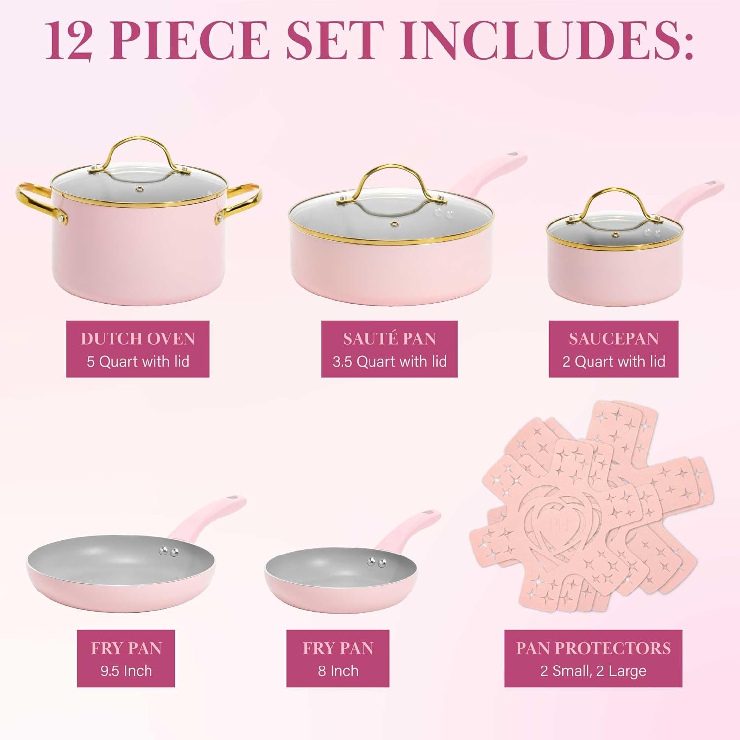 Paris Hilton Epic Nonstick Pots and Pans Set, Multi-Layer Nonstick Coating, Tempered Glass Lids, Soft Touch, Stay Cool Handles, Made without PFOA, Dishwasher Safe Cookware Set, 12-Piece, Pink