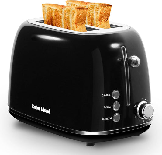 2 Slice Toaster Roter Mond Retro Stainless Steel Toaster with Bagel, Cancel, Defrost Function and 6 Bread Shade Settings Bread Toaster, Extra Wide Slot and Removable Crumb Tray, Black