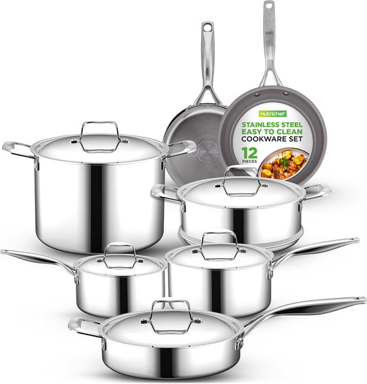 Nutrichef 12-Piece Stainless Steel Kitchenware - Pots & Pans Set Clad Kitchen Cookware W/Steel Handles,Fry Pan Interior Coated W/Prestige Ceramic Non-Stick Coating,Stylish Kitchen Cookware, NCSSX45