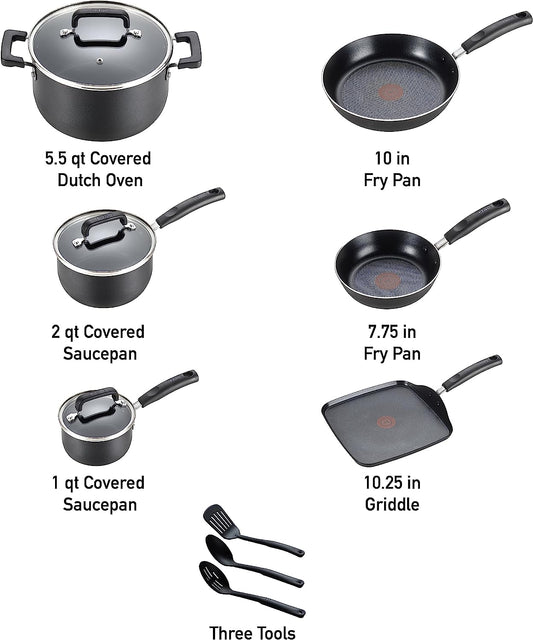 T-Fal Signature Nonstick Cookware Set 12 Piece, Oven Broiler Safe 350F, Pots and Pans, Kitchen Cooking Set W/ Fry Pans, Saucepans, Saute Pan, Dutch Oven, Griddle, Kitchen, Home, Dishwasher Safe, Black