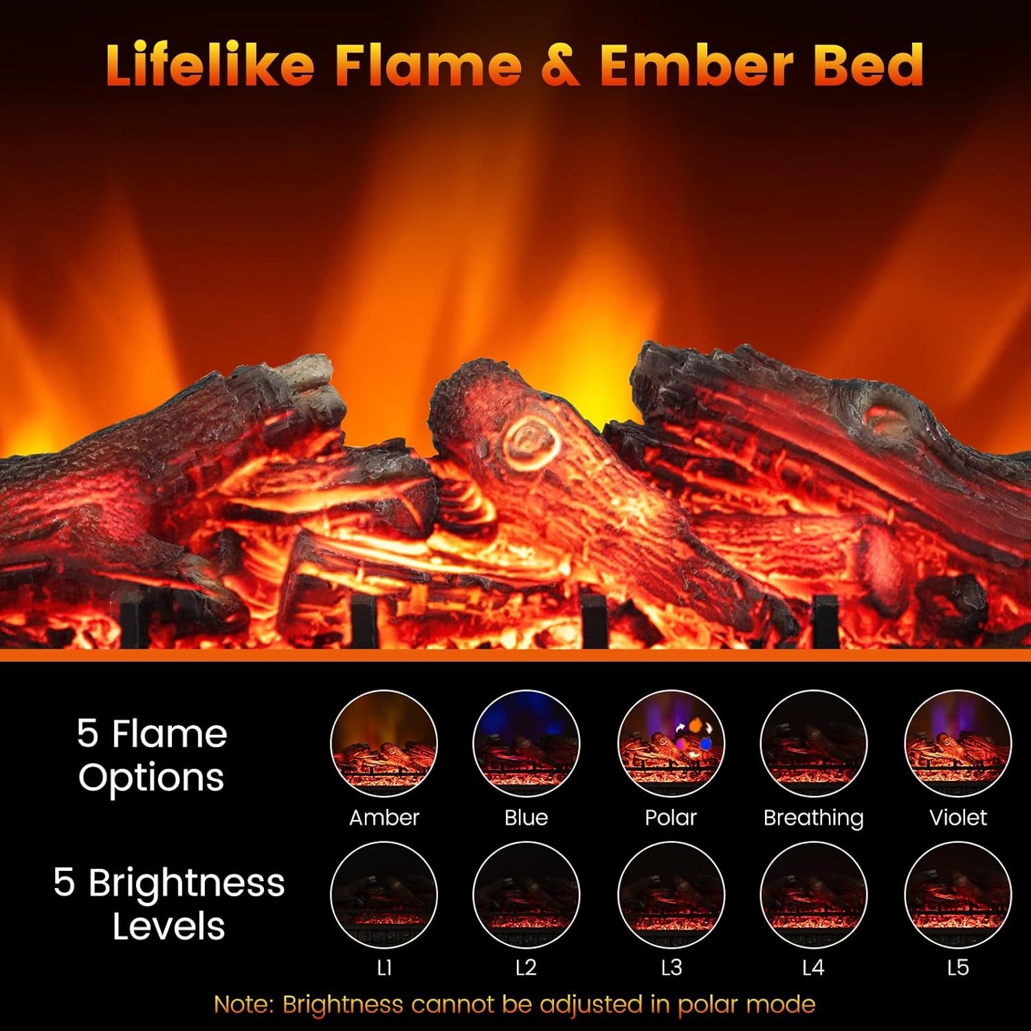 SIMOE Electric Fireplace Heater with 5 Flame Modes & Brightness With Remote and Thermostat Control