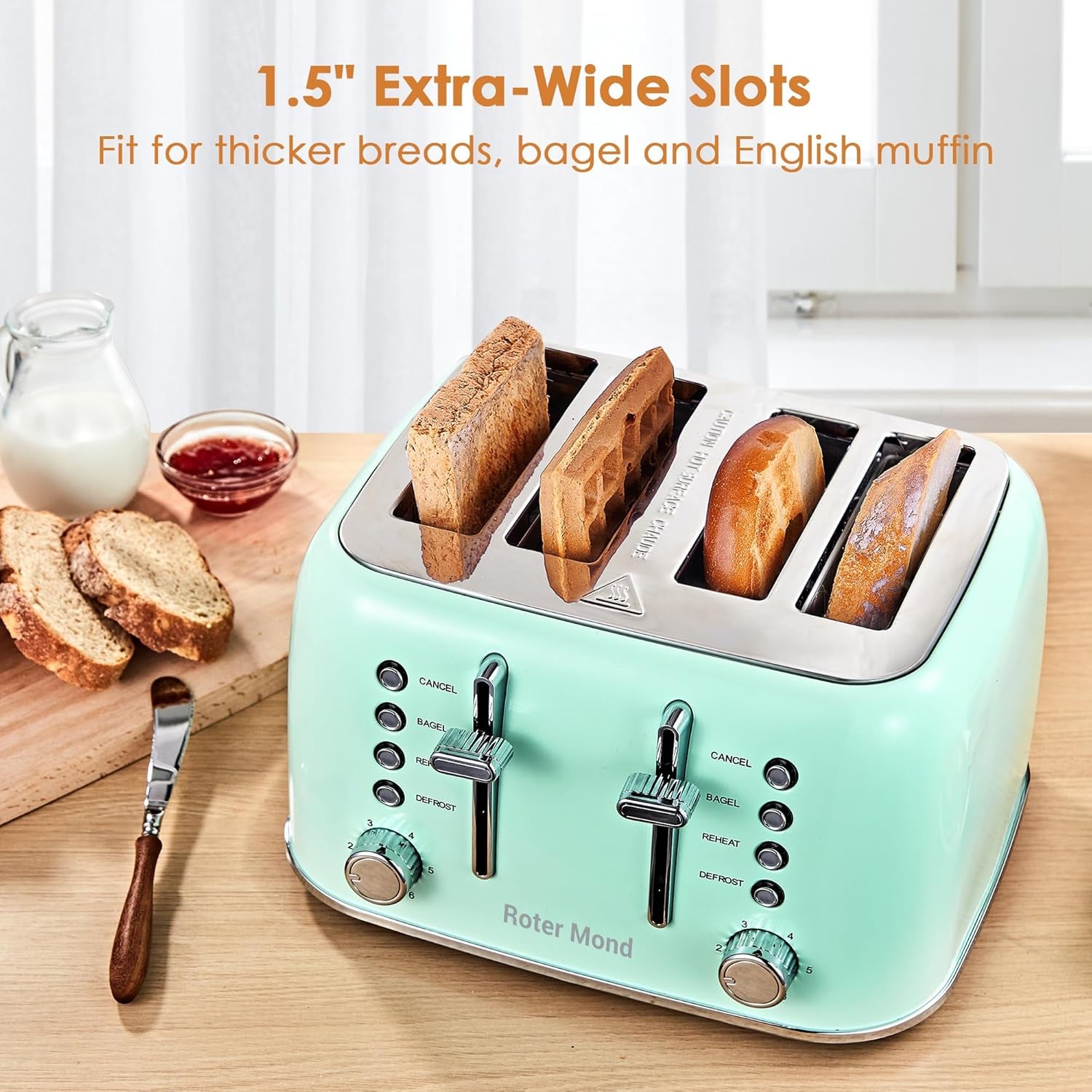 Roter Mond Retro Stainless Steel Toaster 4 Slice Extra Wide 6 Browning Levels Aqua Green