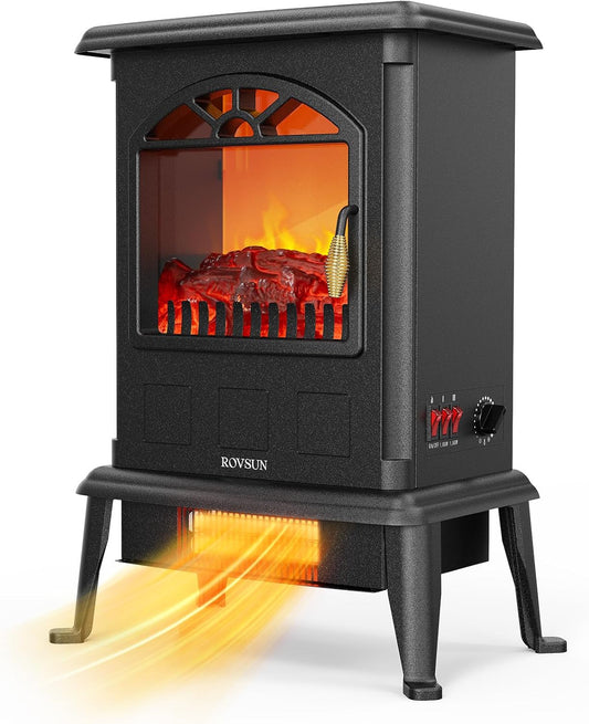 ROVSUN 22.4" H Electric Fireplace Stove, 1000W/1500W Freestanding Electric Heater with Realistic Flame Effect, Adjustable Temperature, Overheat & Tip-Over Protections for Bedroom Living Room, ETL