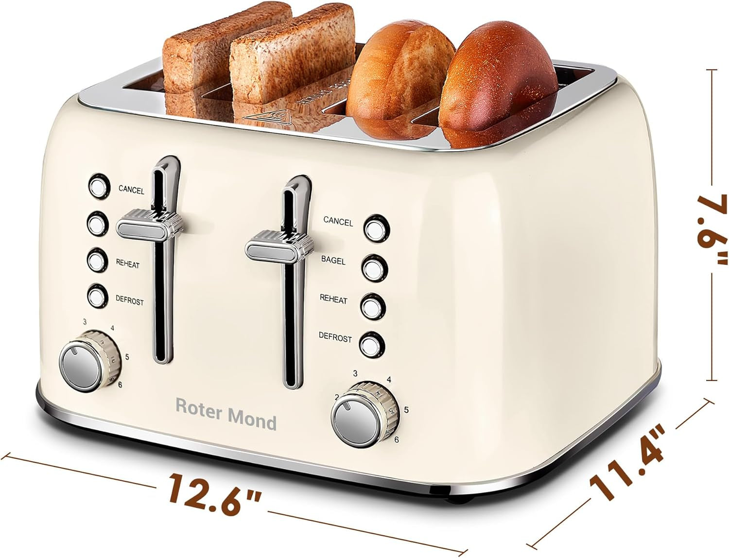 Roter Mond Retro Stainless Steel Toaster 4 Slice Extra Wide 6 Browning Levels Cream White