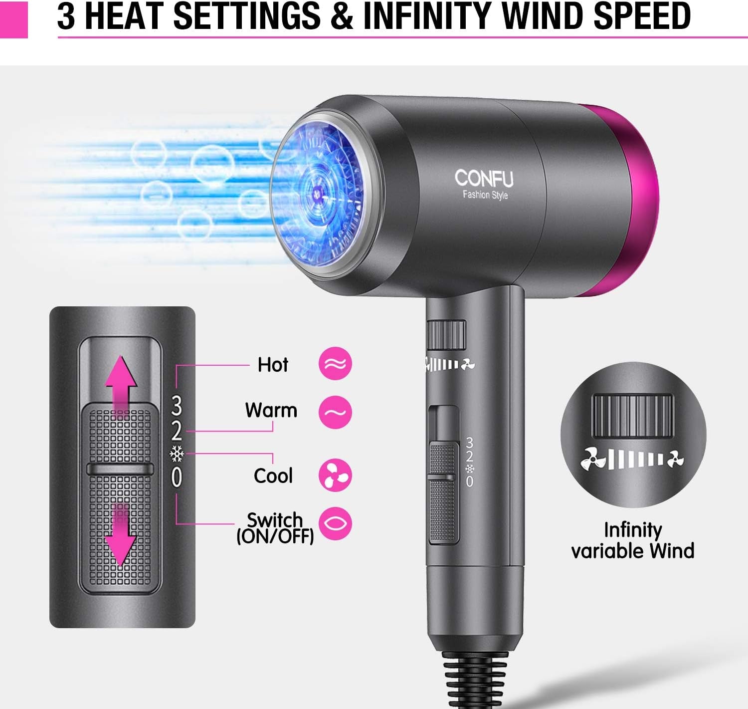 CONFU Ionic Blow Dryer 1600W, Portable Lightweight Fast Drying Negative Ion Hairdryer Blowdryer, 3 Heat Settings & Infinity Speed, with Diffuser and Concentrator Nozzle for Home & Travel