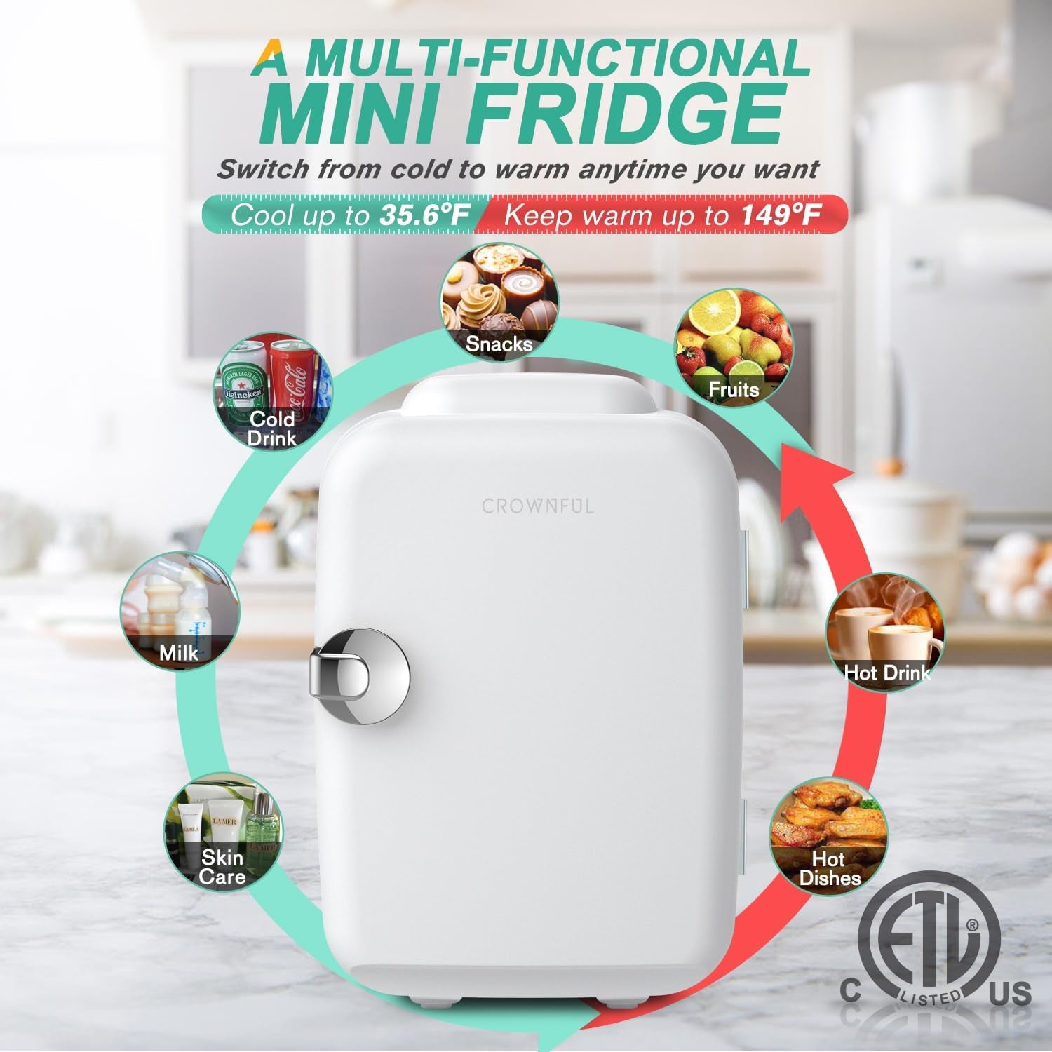 CROWNFUL Mini Fridge 4 Liter 6 Can Portable Cooler and Warmer Fridge for Skin Care & Cosmetics (White)