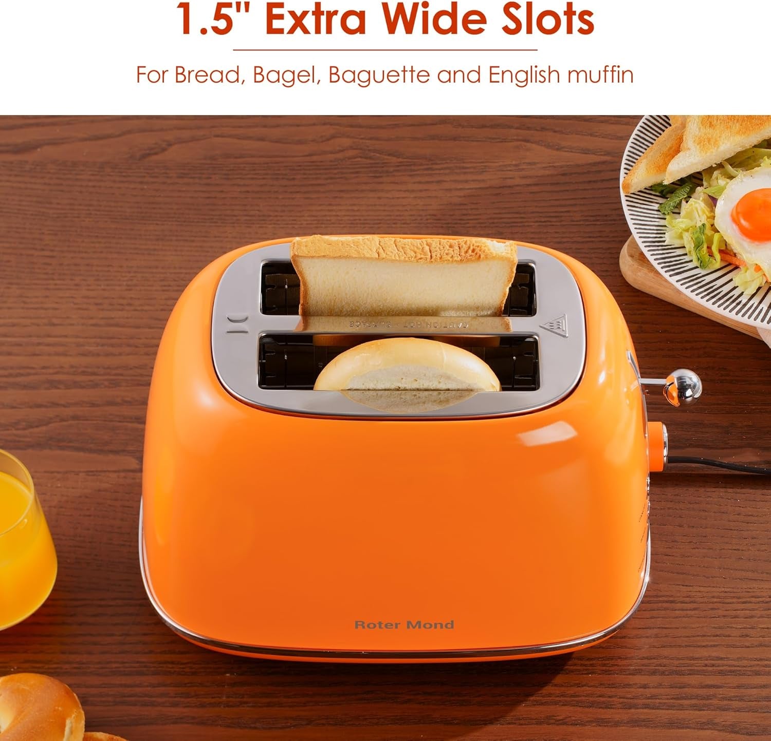 Roter Mond Retro Stainless Steel 2 Slice Toaster 6 Bread Shade Settings Orange