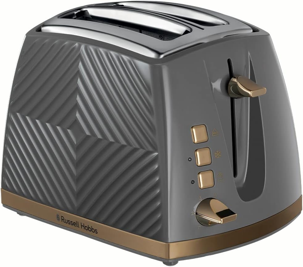 Groove 2 Slice Toaster (High Lift, Extra Wide Slots, 6 Browning Levels, Frozen/Cancel/Reheat Function - Illuminated Buttons, Removable Crumb Tray, 850W, Grey, Brushed Gold Accents) 26392