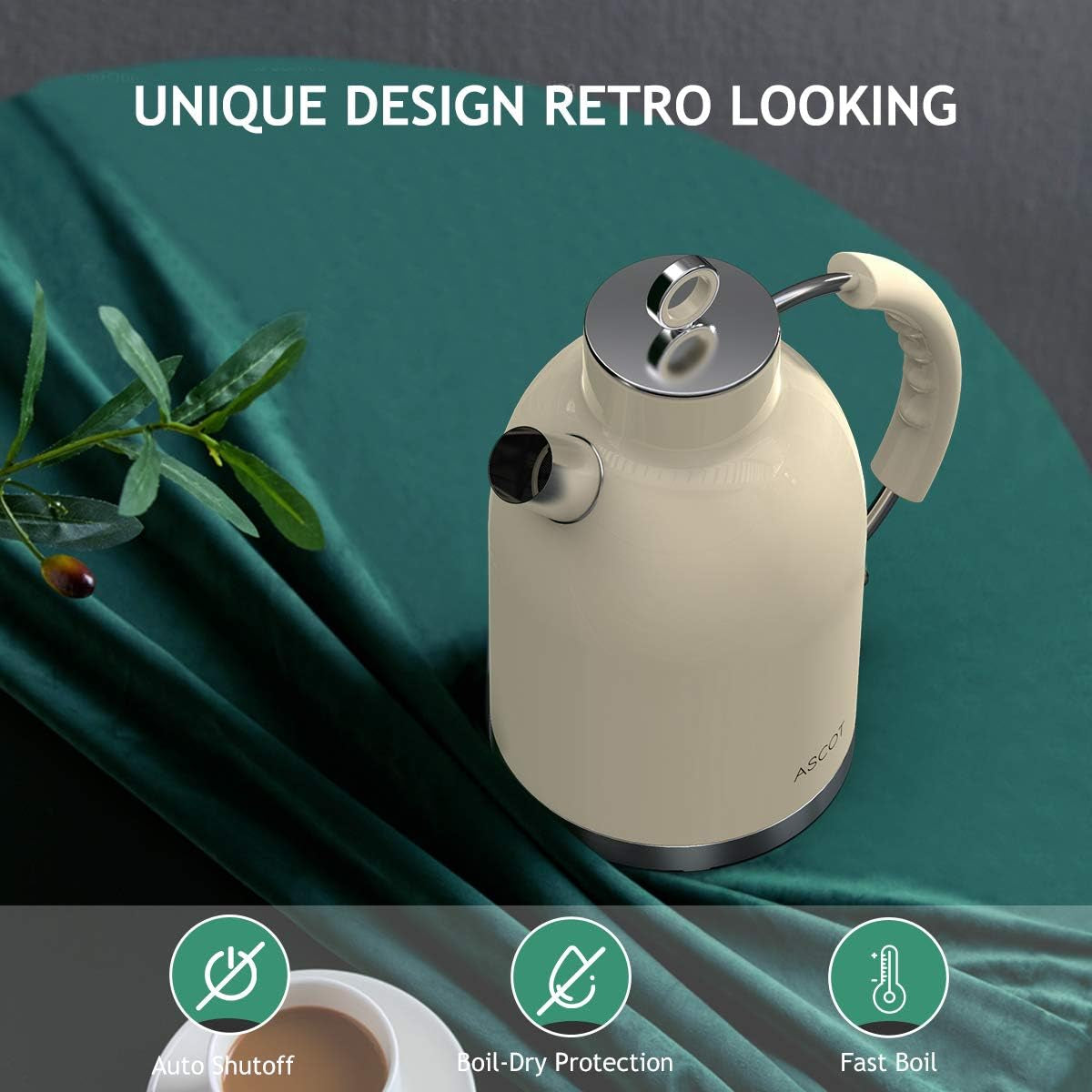 ASCOT Electric Kettle, Stainless Steel Electric Tea Kettle Gifts for Men/Women/Family 1.5L 1500W Retro Tea Heater & Hot Water Boiler, Auto Shut-Off and Boil-Dry Protection (Cream)