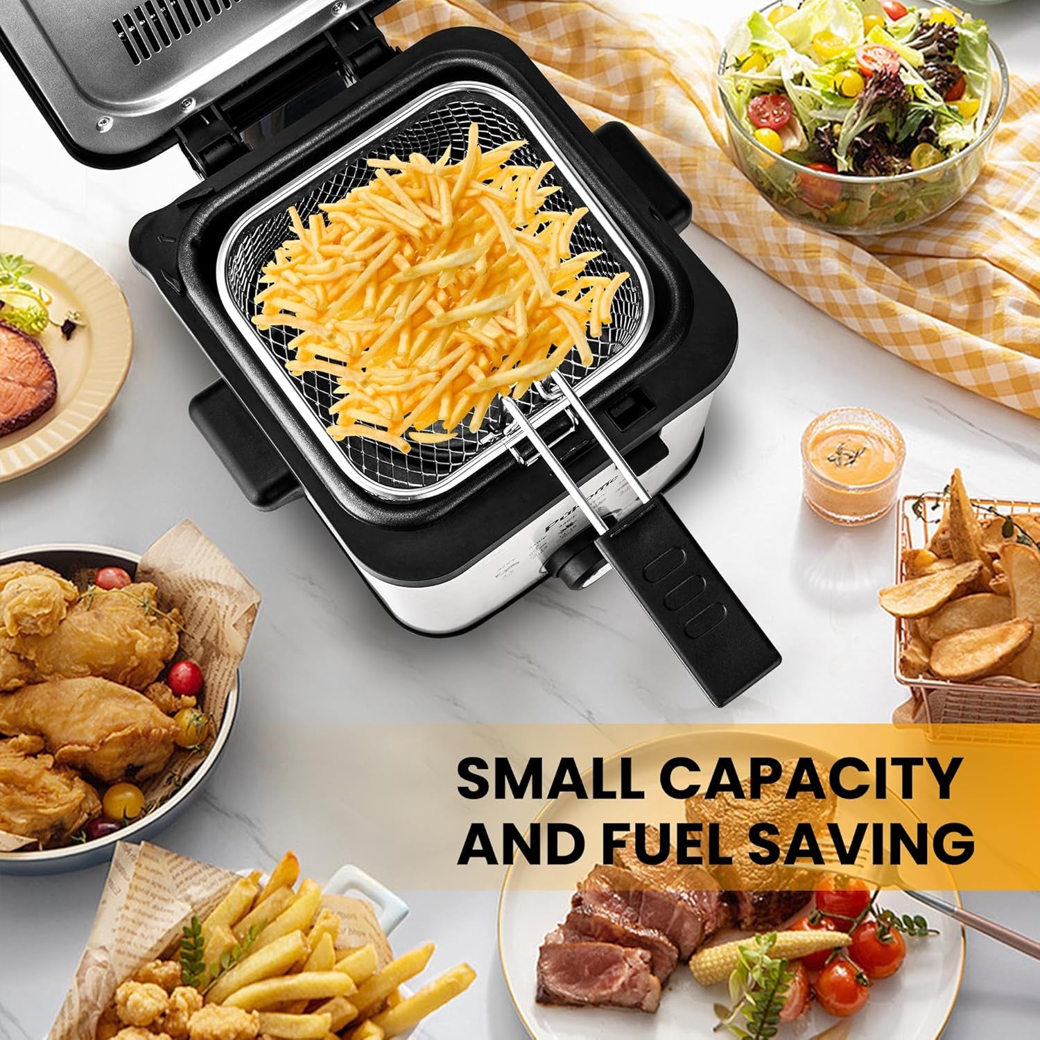 PUKOMC Electric Deep Fryer, 1.5 Liters/1.6 Qt. Oil Capacity, Small Deep Fryer with Basket for Home Use, Cool Touch Sides Easy to Clean, Nonstick Basket