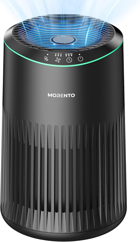 MORENTO Air Purifiers for Home, Air Purifier for Smoke Pet Dander Odors with Fragrance Sponge, Small Air Purifier with Sleep Mode for Bedroom Office, Blue Ambient Light, MR2566, Black, 1 Pack