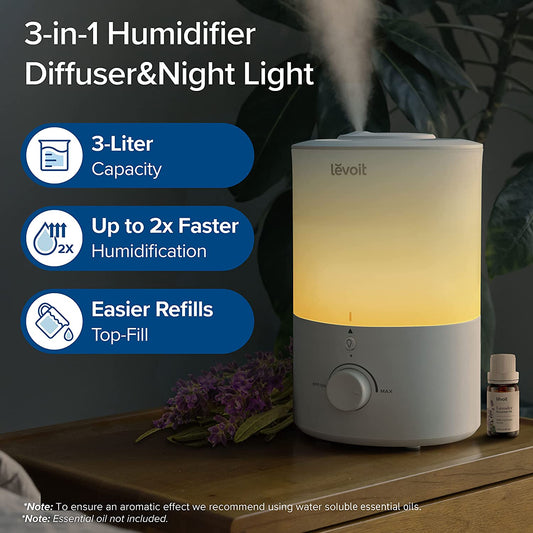 LEVOIT Humidifiers for Bedroom with Night Light(3L Water Tank)Cool Mist Top Fill Essential Oil Diffuser for Baby Nursery and Plants, 360° Nozzle, Quiet, Rapid Humidification for Home Large Room, White