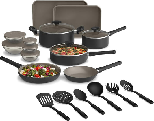 Bella 21 Piece Kitchen Set with Evergood™ Ceramic Nonstick Coating​, Dishwasher & Oven Safe, All Stovetops Compatible, Tempered Glass Lids & Cool Touch Handles, Black