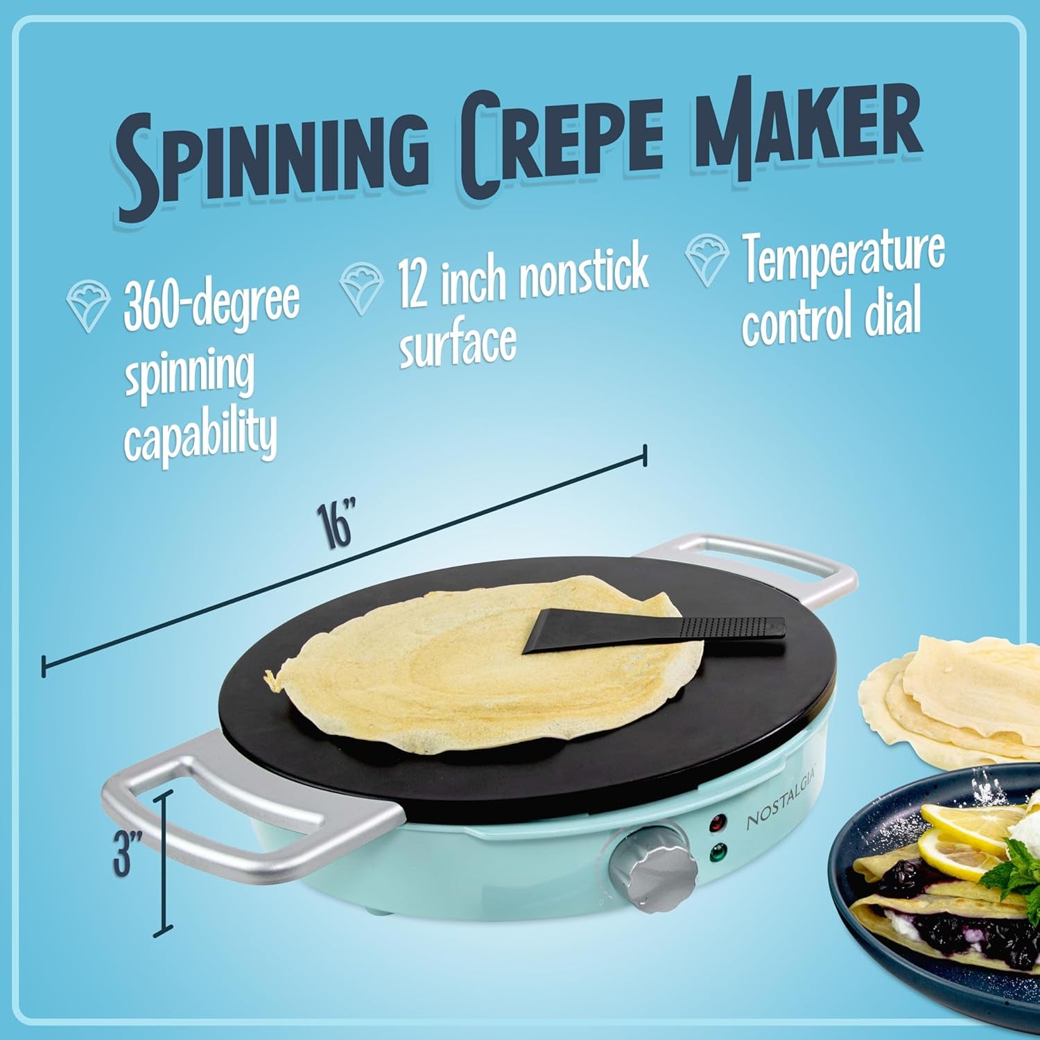 Nostalgia 12-Inch Spinning Crepe Maker for Pancake Breakfast Art with Non-Stick Cooking Griddle, Spatula and Batter Spreader Included