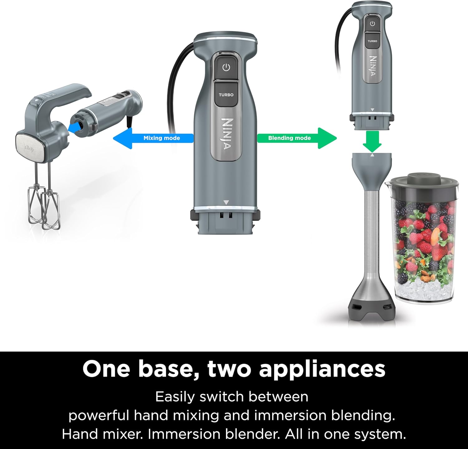 Ninja CI105BRN Foodi Power Mixer System, 750-Peak-Watt Immersion Blender and Hand Mixer, Easyglide Beaters, Dough Hooks, 3-Cup Blending Vessel, Sea Salt Gray