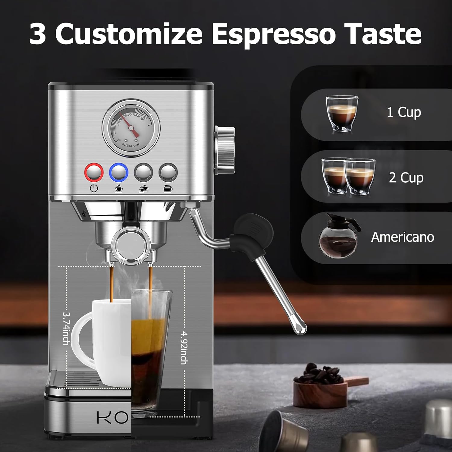 KOIOS Espresso Machines, Upgraded 1200W Espresso Maker with Foaming Steam Wand, 20 Bar Semi-Automatic Steam Espresso Coffee Maker for Home, Cappuccino & Latte Machine with 58Oz Removable Water Tank