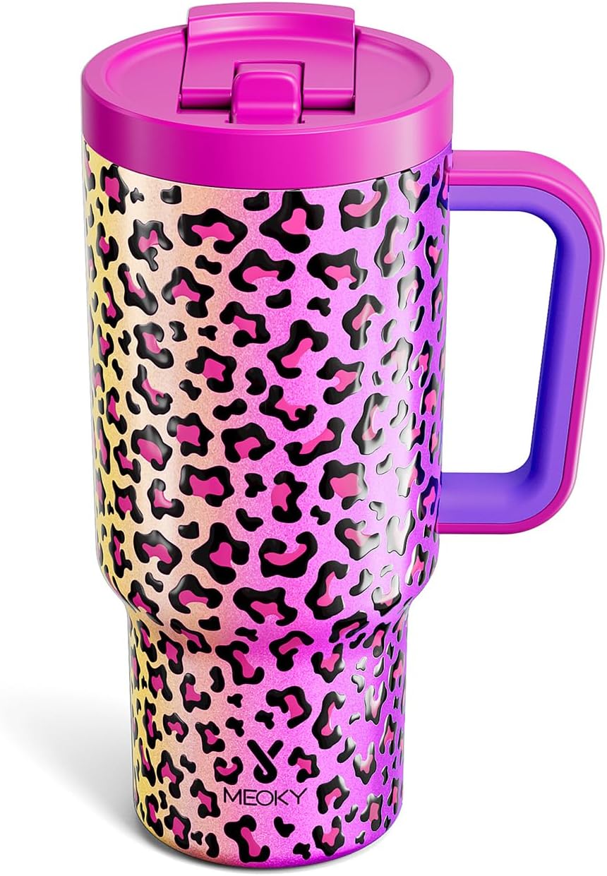 Meoky 32 Oz Tumbler with Handle and Flip Straw, 100% Leakproof Tumbler with Lid and Straw, Stainless Steel Insulated Cup, Cupholder Friendly, Keeps Cold for 24 Hours (Leopard)