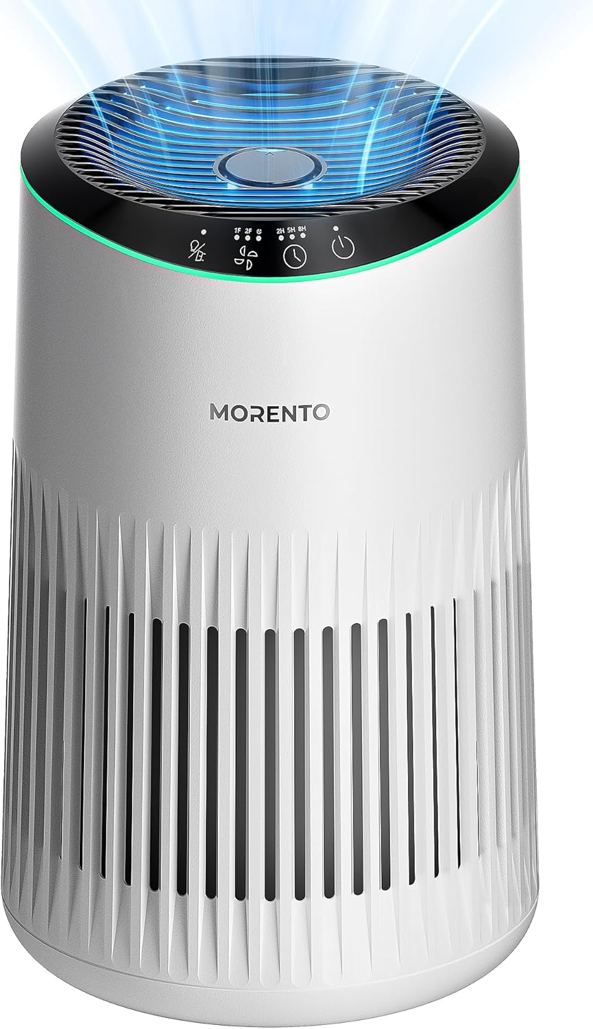 MORENTO Air Purifiers for Home, Air Purifier for Smoke Pet Dander Odors with Fragrance Sponge, Small Air Purifier with Sleep Mode for Bedroom Office, Blue Ambient Light, MR2566, Black, 1 Pack