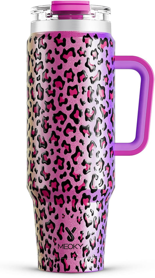 Meoky 40 Oz Tumbler with Handle and Straw, Insulated Tumbler with Lid and Straw, Stainless Steel Travel Mug, Keeps Cold for 34 Hours, 100% Leak Proof, Fits in Car Cup Holder (Leopard)