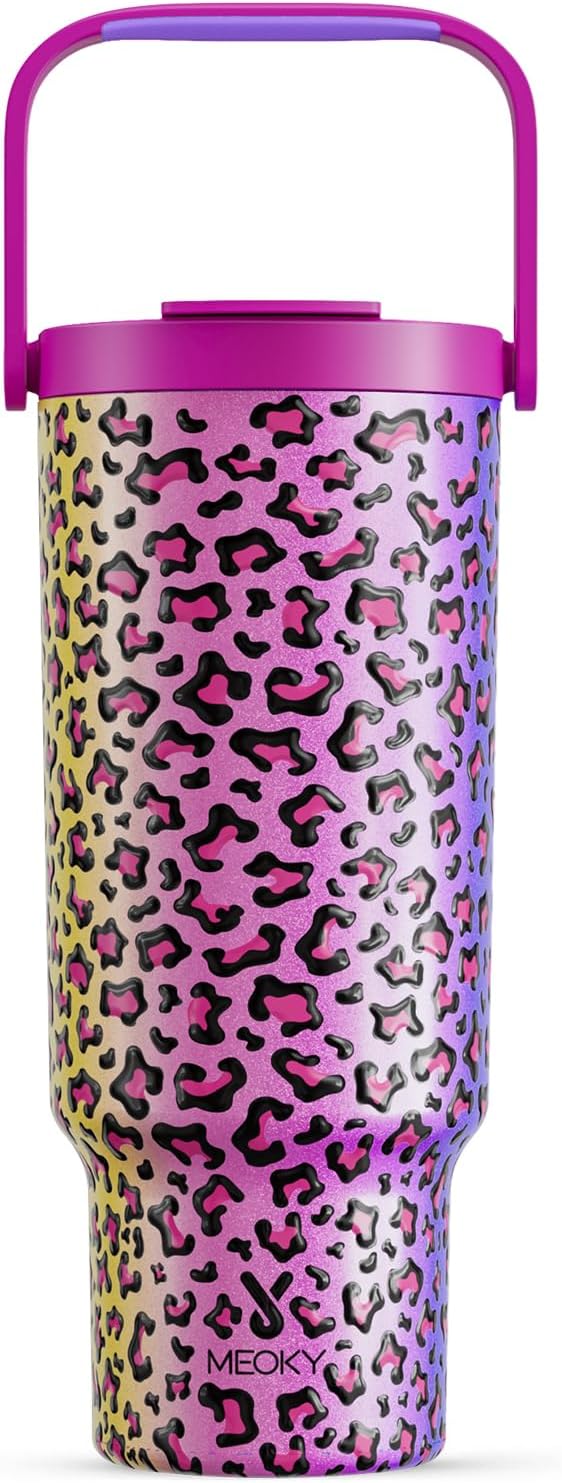 Meoky 40 Oz Tumbler with Handle and Straw, Insulated Water Bottle, Stainless Steel Travel Mug, Keeps Cold for 34 Hours, 100% Leak Proof, Fits in Car Cup Holder (Leopard)