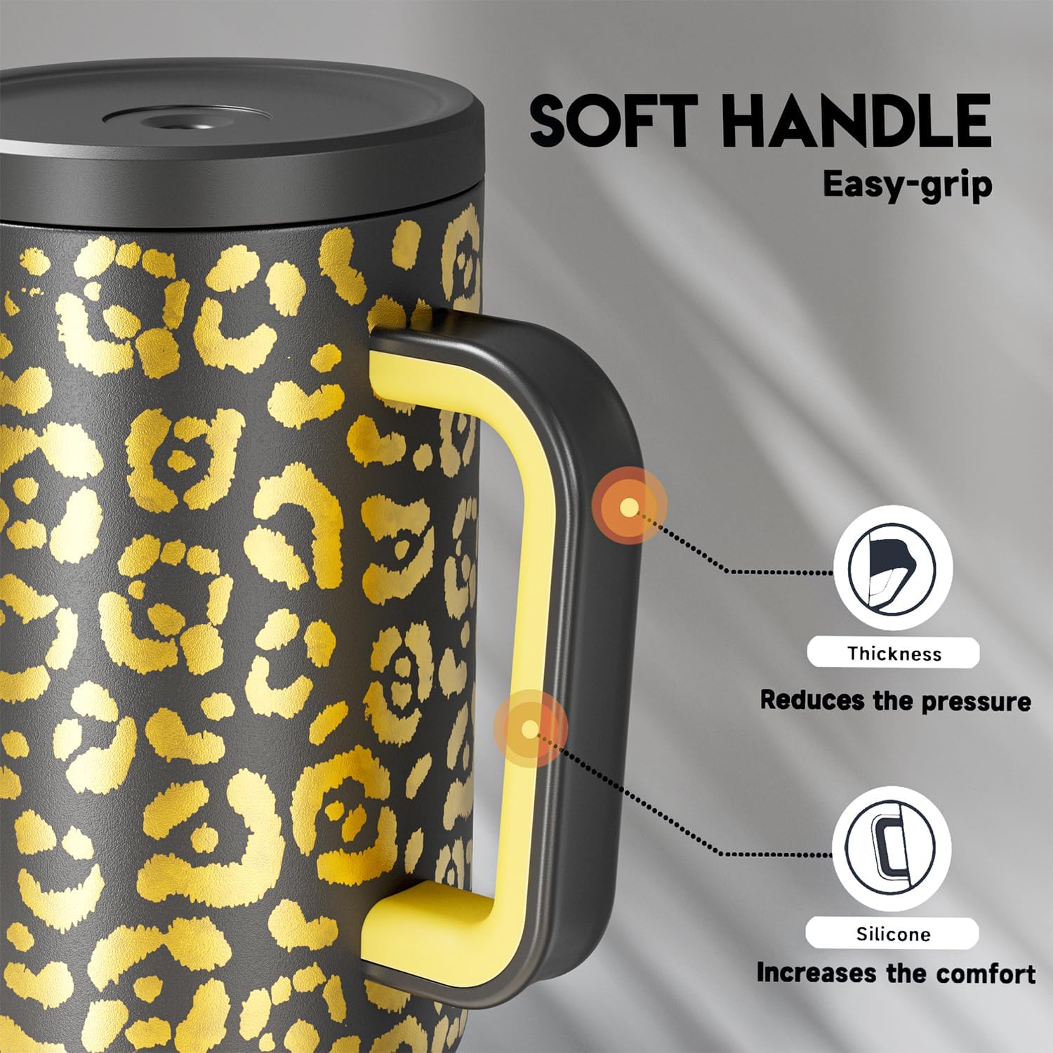 Meoky 40 Oz Tumbler with Handle and Straw, Tumbler with Lid and Straw, Insulated Stainless Steel Travel Mug, 100% Leak-Proof, Keeps Cold for 34 Hours or Hot for 10 Hours (Golden Leopard)